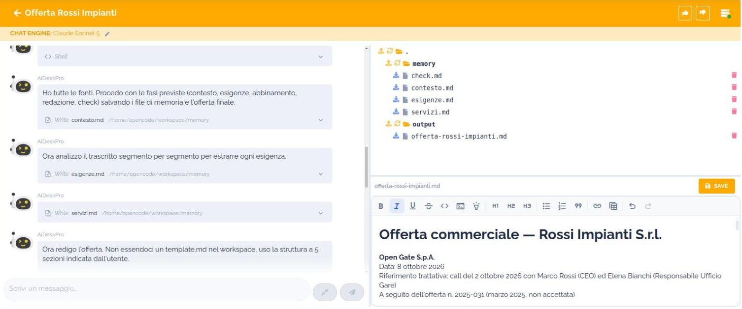 Console di un agente AIDeskPro: passi eseguiti, workspace e anteprima del file prodotto